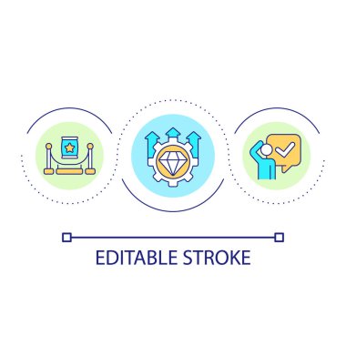 Değerli ürün teklif döngüsü konsepti simgesi. Müşteri için eşsiz bir teklif. Promosyon kampanyası soyut fikir ince çizgi çizimi. İzole bir taslak çizim. Düzenlenebilir felç. Kullanılan Arial yazı tipi