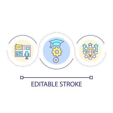 Dijital eğitim başarı döngüsü konsepti ikonu. Öğrenme materyallerine erişim. Öğrenciler soyut fikirleri ince çizgi çizimleri ile rahatlatıyorlar. İzole bir taslak çizim. Düzenlenebilir felç. Kullanılan Arial yazı tipi