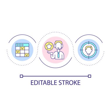 Müşteri desteği organizasyon döngüsü ikonu. Seyircilerle temas kur. Pazarlama stratejisi soyut fikir ince çizgi çizimi. İzole bir taslak çizim. Düzenlenebilir felç. Kullanılan Arial yazı tipi