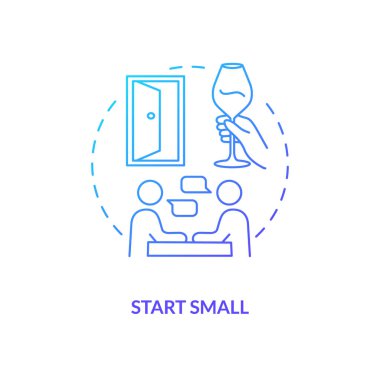 Küçük mavi gradyan konsept simgesini başlat. Güven ilişkisi kur. Sohbetteki çekingenliği soyut fikri ince çizgi çiziminde aşmak. İzole bir taslak çizim. Kullanılan sayısız Pro-Kalın yazı tipi