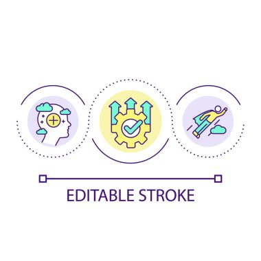 Yüksek seviye performans döngüsü konsepti simgesine ulaşın. Maksimum potansiyel soyut fikir ince çizgi çizimine ulaşılıyor. Çalışan büyümesi. İzole bir taslak çizim. Düzenlenebilir felç. Kullanılan Arial yazı tipi