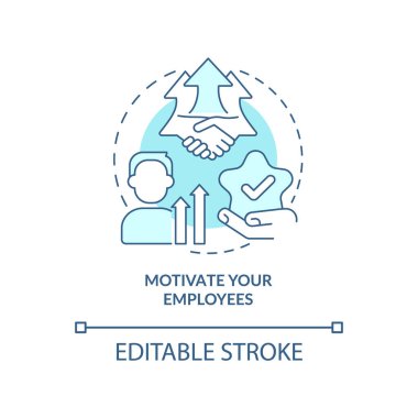 Çalışanlarınızın mavi konsept ikonunu motive edin. İş gücünü teşvik et. Çalışanların soyut fikirlerini geliştirmesi ince çizgi çizimi. İzole bir taslak çizim. Düzenlenebilir felç. Arial, Myriad Pro-Kalın yazı tipleri kullan