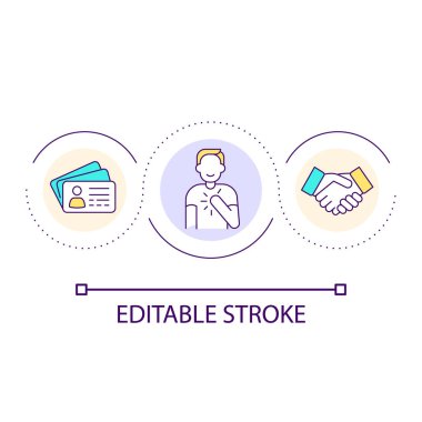 Kartvizit döngüsü konsepti ikonu dağıtıyorum. Kişisel bağlantılarınızı paylaşın. Tanıştırayım. Ziyaret kartı soyut fikir ince çizgi çizimi. İzole bir taslak çizim. Düzenlenebilir felç. Kullanılan Arial yazı tipi