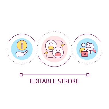 Bilgi paylaşım döngüsü konsepti simgesi. İletişim kurma fırsatları. Akıl hocalığı. Karşılıklı destek fikri ince çizgi çizimi. İzole bir taslak çizim. Düzenlenebilir felç. Kullanılan Arial yazı tipi