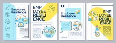 Çalışanların dayanıklılığı mavi ve sarı broşürler. Çizgisel simgeli broşür tasarımı. Sunum için düzenlenebilir 4 vektör düzeni, yıllık raporlar. Kullanılan Düzenli, Lato-Düzenli yazıtipleri