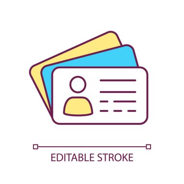 Ziyaret kartları RGB renk simgesi. Kişisel tanışma bilgileri. Kartvizit dağıtıyorum. İzole vektör çizimi. Basit bir çizgi çizimi. Düzenlenebilir felç. Kullanılan Arial yazı tipi