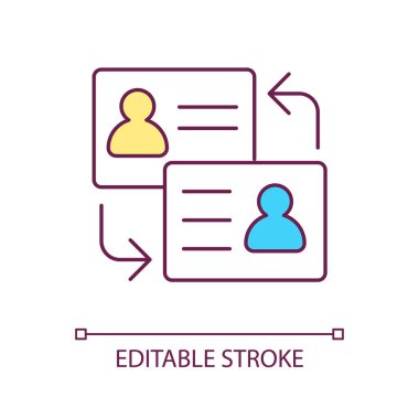 Kişisel bağlantıları RGB renk simgesi ile değiştir. Karşılıklı kartvizit dağıtmak. Resmi kimlik. İzole vektör çizimi. Basit bir çizgi çizimi. Düzenlenebilir felç. Kullanılan Arial yazı tipi