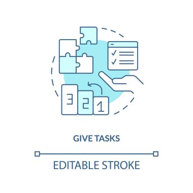 Görevlere turkuaz konsept simgesi ver. Oturum oturumunun soyut fikir ince çizgisi illüstrasyonunu test etmek için talimat verin. İzole bir taslak çizim. Düzenlenebilir felç. Arial, Myriad Pro-Kalın yazı tipleri
