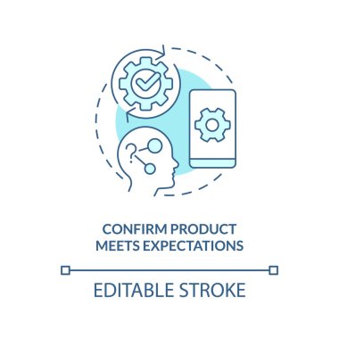 Ürünün beklenen turkuaz konsept simgesini karşıladığını doğrula. Kanıt kullanıcıları soyut fikir ince çizgi çizimi istiyorlar. İzole bir taslak çizim. Düzenlenebilir felç. Arial, Myriad Pro-Kalın yazı tipleri