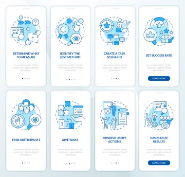 Mobil uygulama ekranında kullanılabilirlik testi planı mavi. Değerlendirme, doğrusal kavramlarla birlikte düzenlenebilir grafik yönergelerini dört adımda gözden geçirir. UI, UX, GUI şablonu. Kullanılan sayısız Pro-Kalın, Düzenli yazı tipleri