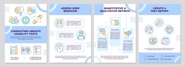 Pürüzsüz kullanılabilirlik mavi broşür şablonunu test ediyor. UX. Çizgisel simgeli broşür tasarımı. Sunum için düzenlenebilir 4 vektör düzeni, yıllık raporlar. Arial-Black, Kullanılan Myriad Pro-Normal yazı tipleri