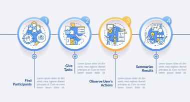 Web sitesinin kullanılabilirlik çemberi bilgi şablonunu test etmek için adım. Değerlendirme. Veri görselleştirmesi 4 adımda. Düzenlenebilir zaman çizelgesi. Satır simgeleriyle çalışma akışı düzeni. Lato Kalın, kullanılan düzenli yazı tipleri