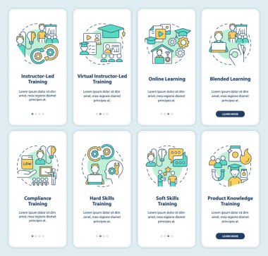 Mobil uygulama ekranında kurumsal eğitim programları var. Doğrusal kavramlarla düzenlenebilir grafiksel talimatlar. UI, UX, GUI şablonu. Kullanılan sayısız Pro-Kalın, Düzenli yazı tipleri