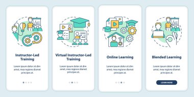 Mobil uygulama ekranında kurumsal eğitim nasıl düzenlenir. Doğrusal kavramlarla düzenlenebilir grafik yönergelerini dört adımda gözden geçir. UI, UX, GUI şablonu. Kullanılan sayısız Pro-Kalın, Düzenli yazı tipleri