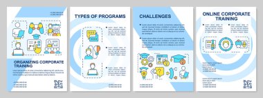 Şirket eğitim programı mavi broşür planlama. Sorunlar. Çizgisel simgeli broşür tasarımı. Sunum için düzenlenebilir 4 vektör düzeni, yıllık raporlar. Arial, Myriad Pro-Normal yazı tipleri kullanıldı