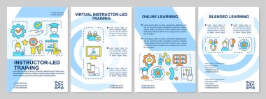 Eğitim programlarının mavi broşür türleri. Çevrimiçi öğrenme. Çizgisel simgeli broşür tasarımı. Sunum için düzenlenebilir 4 vektör düzeni, yıllık raporlar. Arial, Myriad Pro-Normal yazı tipleri kullanıldı