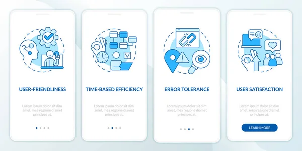 Testování Použitelnosti Měření Modré Onboarding Mobilní Obrazovky Aplikace Procházka Kroky — Stockový vektor