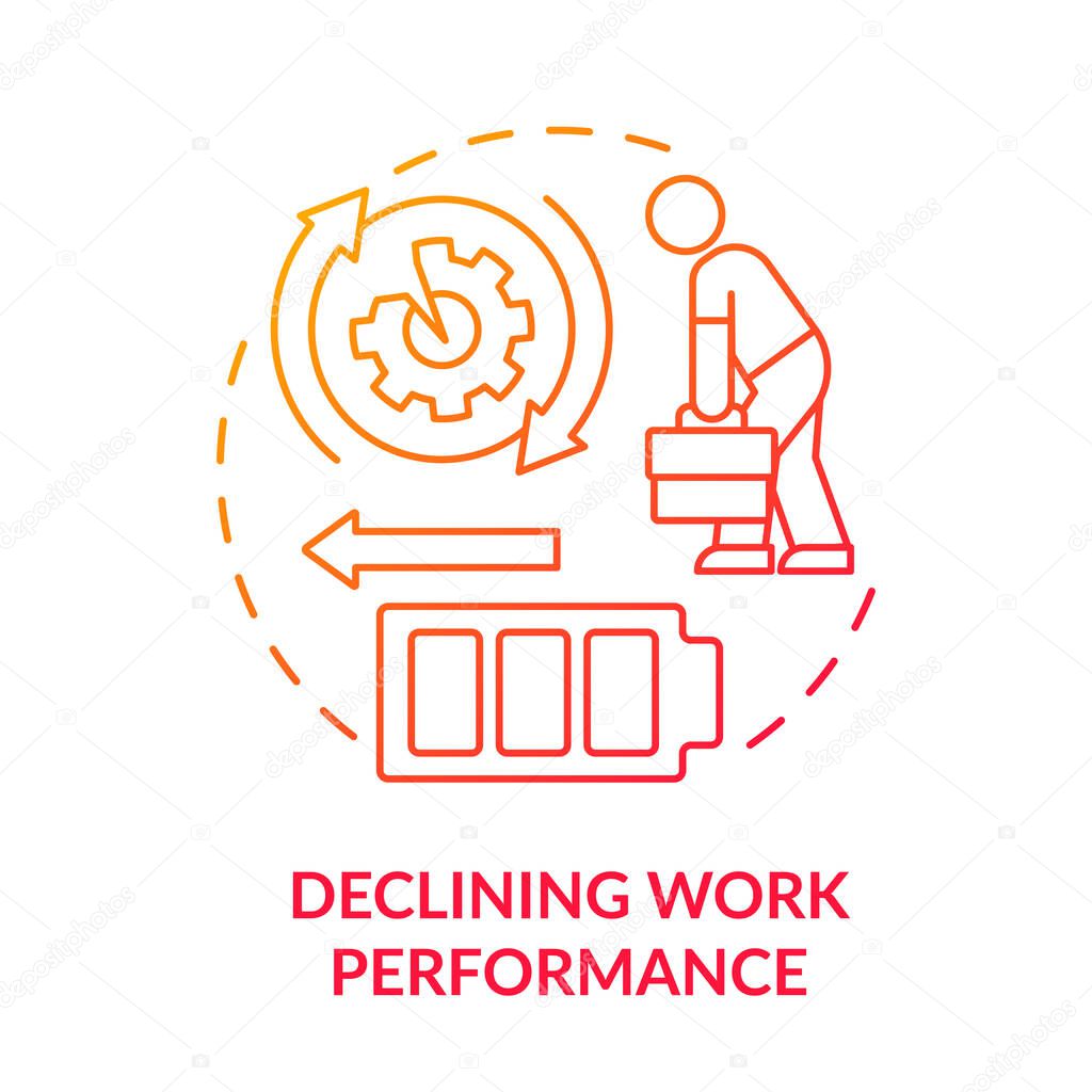 Negative work performance red gradient concept icon. Low efficiency employees. Work exhaustion and burnout abstract idea thin line illustration. Isolated outline drawing. Myriad Pro-Bold font use
