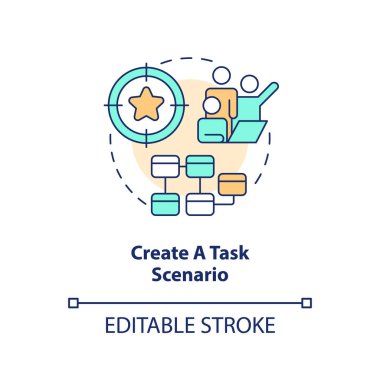 Görev senaryosu konsepti simgesi oluştur. Kullanılabilirlik test amaçlarını belirleyin. Çalışma stratejisi soyut fikir ince çizgi çizimi. İzole bir taslak çizim. Düzenlenebilir felç. Arial, Myriad Pro-Kalın yazı tipleri