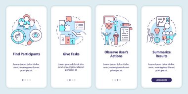 Mobil uygulama ekranında kullanılabilirlik testi planı. UX araştırması, doğrusal kavramlarla birlikte düzenlenebilir grafik talimatlarını dört adımda gözden geçirir. UI, UX, GUI şablonu. Kullanılan sayısız Pro-Kalın, Düzenli yazı tipleri