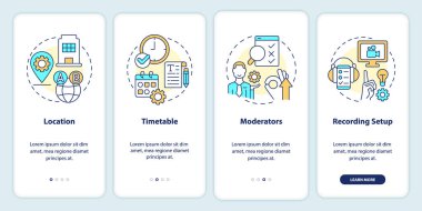 Mobil uygulama ekranında kullanılabilirlik testinin lojistik detayları. Doğrusal kavramlarla düzenlenebilir grafik yönergelerini dört adımda gözden geçir. UI, UX, GUI şablonu. Kullanılan sayısız Pro-Kalın, Düzenli yazı tipleri