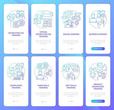 Mobil uygulama ekranında başarılı bir eğitim programı mavi gradyan. Doğrusal kavramlarla birlikte 4 aşamalı grafik talimatlar. UI, UX, GUI şablonu. Kullanılan sayısız Pro-Kalın, Düzenli yazı tipleri