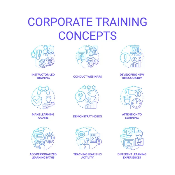 Conjunto Iconos Concepto Gradiente Azul Formación Corporativa Desarrollo Ideas Lugar — Vector de stock