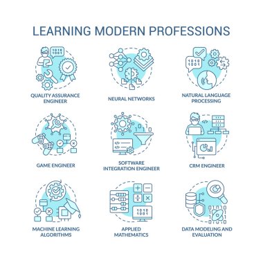 Learning modern professions turquoise concept icons set. Professional education idea thin line color illustrations. Isolated symbols. Editable stroke. Roboto-Medium, Myriad Pro-Bold fonts used