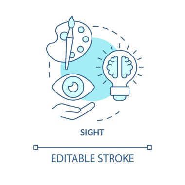 Görüş turkuaz konsept simgesi. Reklamcılıktaki duyusal reseptör soyut fikir ince çizgi çizimi. İyi tasarlanmış bir logo. İzole bir taslak çizim. Düzenlenebilir felç. Arial, Myriad Pro-Kalın yazı tipleri