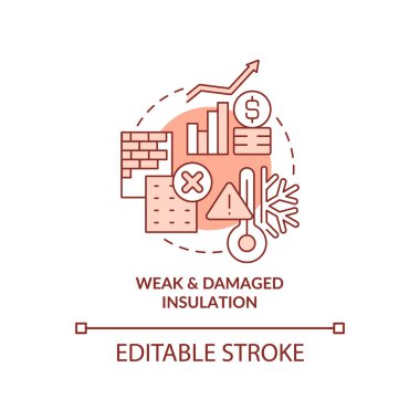 Zayıf ve hasarlı yalıtım terracotta konsept ikonu. Isın. Isıtma tasarısını, soyut fikri, ince çizgi çizimini azalt. İzole bir taslak çizim. Düzenlenebilir felç. Arial, Myriad Pro-Kalın yazı tipleri