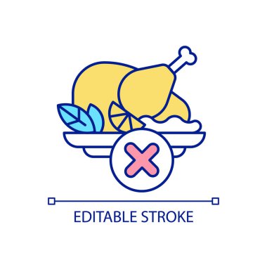 Vejetaryenlik RGB renk simgesi. Et yok. Et tüketiminden kaçınma. Vejetaryen diyeti. Sağlıklı yiyecekler. İzole vektör çizimi. Basit bir çizgi çizimi. Düzenlenebilir felç. Kullanılan Arial yazı tipi