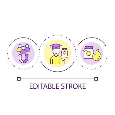 Etkili pazarlamacı döngüsü konsepti ikonu olmayı öğreniyorum. Marka profosyonel olarak soyut fikirlerin ince çizgi çizimlerini tanıtıyorlar. Pazarlama. İzole bir taslak çizim. Düzenlenebilir felç. Kullanılan Arial yazı tipi