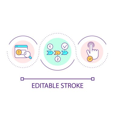 Karmaşık konular döngü konsepti simgesi bul. Arama hataları. Sorun çözme. Ürün testi soyut fikir ince çizgi çizimi. İzole bir taslak çizim. Düzenlenebilir felç. Arial yazı tipi kullanımı