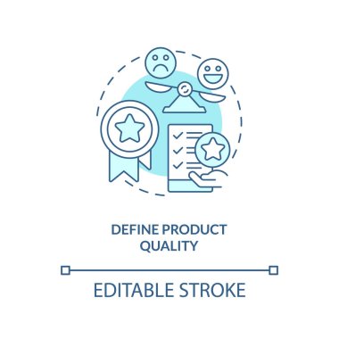 Ürün kalitesi turkuaz konsept simgesini tanımla. Müşteri hizmetleri soyut fikir ince çizgi illüstrasyonunu geliştiriyor. İzole bir taslak çizim. Düzenlenebilir felç. Arial, Myriad Pro-Kalın yazı tipleri