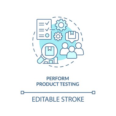 Ürün testi turkuaz konsept simgesi uygula. Müşteri hizmetleri soyut fikir ince çizgi illüstrasyonunu geliştiriyor. İzole bir taslak çizim. Düzenlenebilir felç. Arial, Myriad Pro-Kalın yazı tipleri