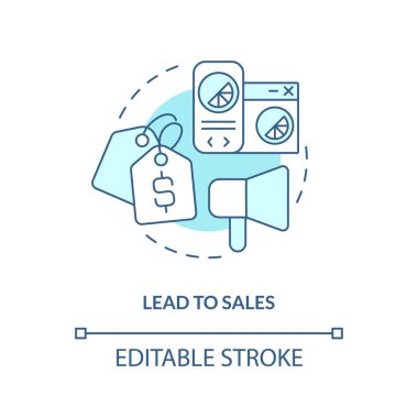 Satış turkuaz konsept ikonu. Müşteri randevusu. Web sitesi kalitesi soyut fikir ince çizgi illüstrasyonu. İzole bir taslak çizim. Düzenlenebilir felç. Arial, Myriad Pro-Kalın yazı tipleri
