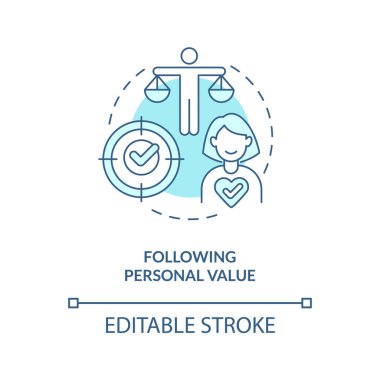 Kişisel değerleri takip eden turkuaz konsept simgesi. İş stratejisi. Müşterilerin soyut fikirlere, ince çizgi çizimlerine ihtiyacı var. İzole bir taslak çizim. Düzenlenebilir felç. Arial, Myriad Pro-Kalın yazı tipleri