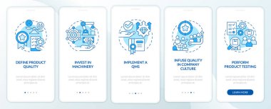Mobil uygulama ekranında ürün kalitesi arttırılıyor. Çizgisel kavramlarla düzenlenebilir 5 adımlı grafik talimatlarını işaretle. UI, UX, GUI şablonu. Kullanılan sayısız Pro-Kalın, Düzenli yazı tipleri