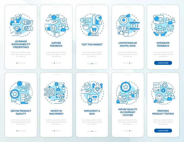 Brand Longevity Quality Blue Onboarding Mobile App Screen Set Procházka — Stockový vektor