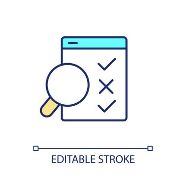 Arama hatası RGB renk simgesi. Sorun bul. Hataları tanımla. Kontrol ve denetim. Tamamlanmamış görevi olan kontrol listesi. İzole vektör çizimi. Basit bir çizgi çizimi. Düzenlenebilir felç. Arial yazı tipi kullanımı