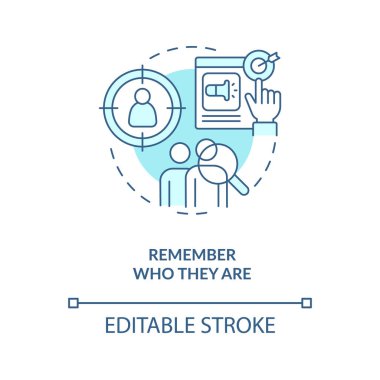 Hedef kitle turkuaz konsept simgesini tanımlayın. Onların kim olduğunu hatırlayın. Soyut fikir ince çizgi çizimi. İzole bir taslak çizim. Düzenlenebilir felç. Arial, Myriad Pro-Kalın yazı tipleri