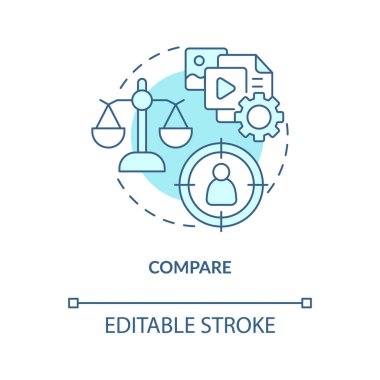 Turkuaz konsept simgesini karşılaştır ve analiz et. İlgili kişiselleştirme, soyut fikir ince çizgi illüstrasyonunu sağlayın. İzole bir taslak çizim. Düzenlenebilir felç. Arial, Myriad Pro-Kalın yazı tipleri