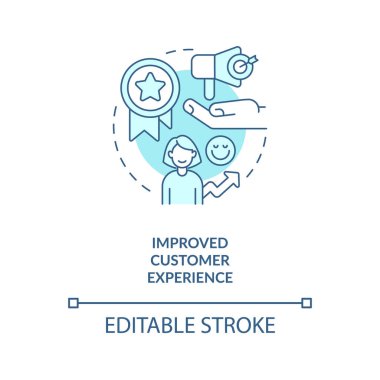 Gelişmiş müşteri deneyimi turkuaz konsept ikonu. Tatmin olmuş kullanıcı. Mutlu müvekkil soyut fikir ince çizgi çizimi. İzole bir taslak çizim. Düzenlenebilir felç. Arial, Myriad Pro-Kalın yazı tipleri
