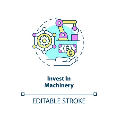 Makine konsepti simgesine yatırım yap. Teknoloji entegrasyonu. Ürün kalitesinin arttırılması soyut fikir ince çizgi çizimi. İzole bir taslak çizim. Düzenlenebilir felç. Arial, Myriad Pro-Kalın yazı tipleri
