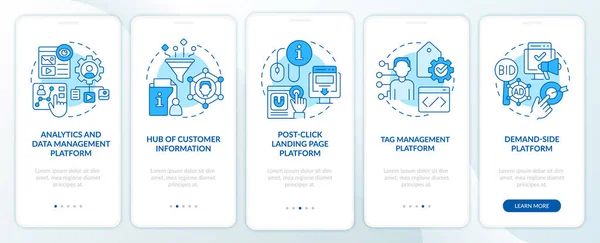 Personalizace Marketingové Nástroje Modrý Onboarding Mobilní App Obrazovce Procházka Kroků — Stockový vektor