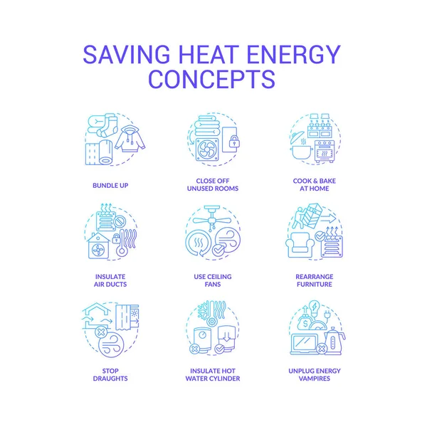 Verbruikende Warmte Energie Minder Blauw Gradiënt Concept Pictogrammen Ingesteld Bespaar — Stockvector