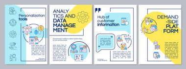 Kişiselleştirme araçları mavi ve sarı şablon. Çizgisel simgeli broşür tasarımı. Sunum için düzenlenebilir 4 vektör düzeni, yıllık raporlar. Kullanılan Düzenli, Lato-Düzenli yazıtipleri