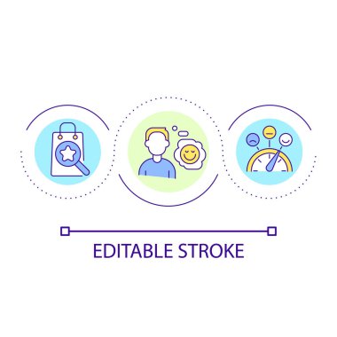 Yüksek ürün kalitesi döngü konseptiyle müşteri memnuniyeti. Tüketici sadakati soyut fikir ince çizgi çizimi. Beklenen hizmet. İzole bir taslak çizim. Düzenlenebilir felç. Kullanılan Arial yazı tipi