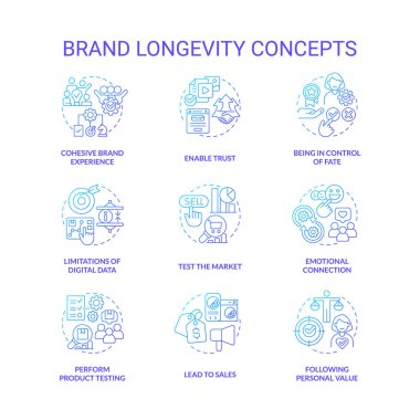 Uzun ömürlü ve hizmet kalitesi mavi gradyan konsept simgeleri belirlendi. İş geliştirme fikri ince çizgi renkli çizimler. İzole semboller. Kullanılan Roboto-Orta, Myriad Pro-Kalın yazı tipleri