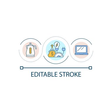 Yüksek enerji tüketen cihazlar döngü konsepti simgesi. Elektronik aletlerin fişini çek. Elektrik ve enerjiyi soyut fikirlerden, ince çizgilerden tasarruf et. İzole bir taslak çizim. Düzenlenebilir felç. Kullanılan Arial yazı tipi